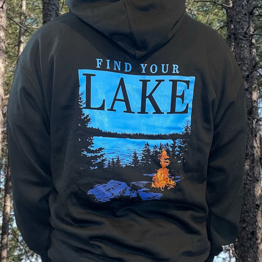 FIND YOUR LAKE CAMPFIRE HOODIE (UNISEX) BLACK